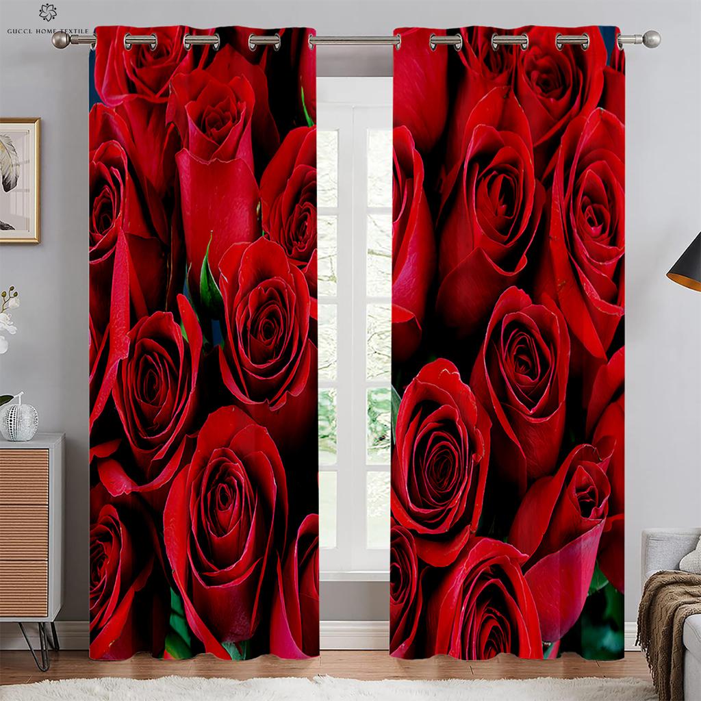 Romantic Rose Red Retro Print Curtain, Rod Pocket Curtain, Bedroom, Living Room, Kitchen, Outdoor Decorative, 2 Pieces
