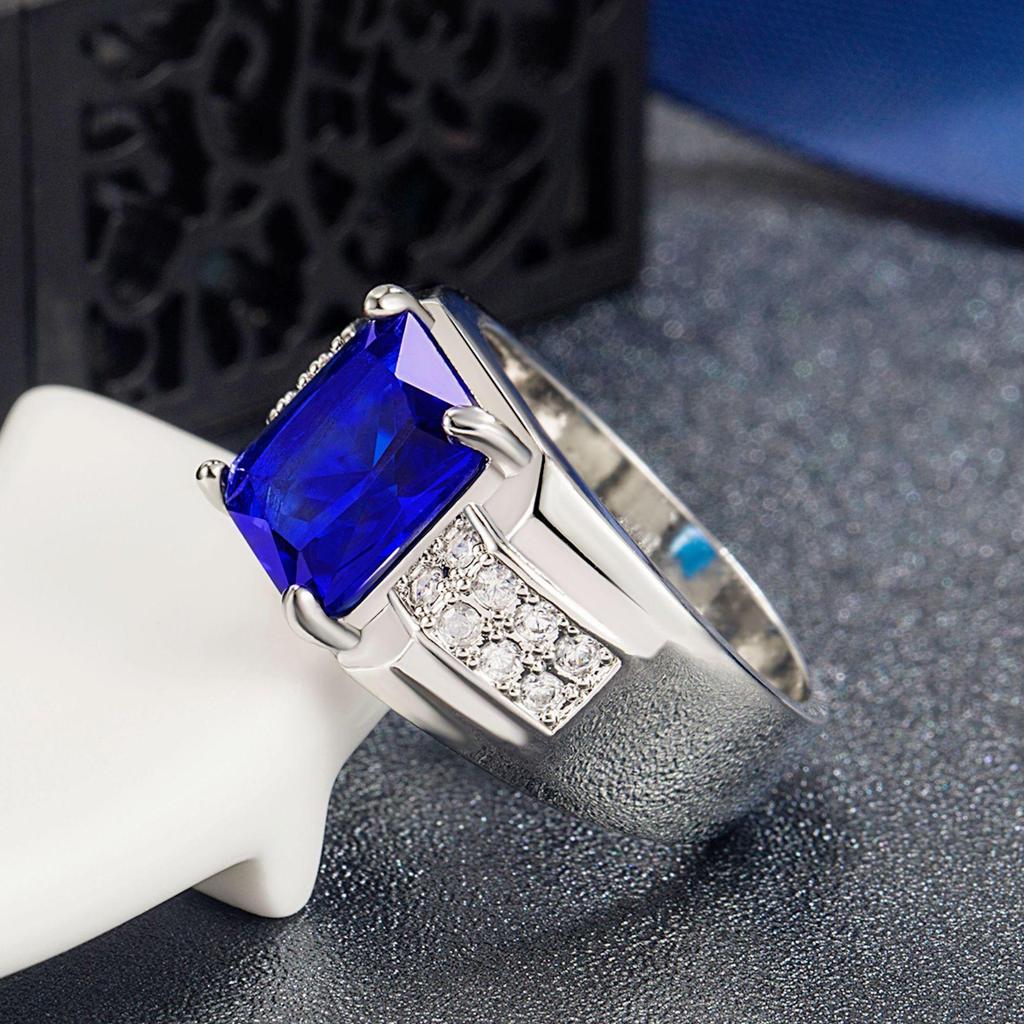 Men's Sapphire Blue Zircon Ring: Stylish Rectangular Fashion Trend