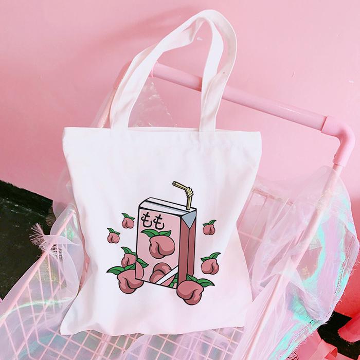 Корейские Kawaii персиковый сок Ulzzang с принтом Fun Harajuku винтажные холщовые сумки 90-х модные сумки на плечо