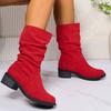 Womens Faux Suede Slouchy Mid Calf Boots Riding Boots Wide Calf Pull On Chunky Block Heel Boots for Women Round Toe Fall Winter Low Heel Booties Shoes