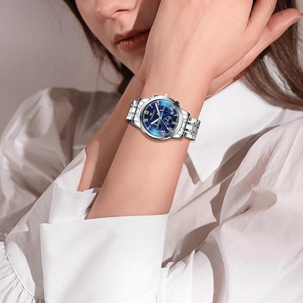 Пара часов Пара часов Пара часов Нержавеющая сталь 3ATM Вода Бриллиант Светящийся Аналоговый Дисплей Календарь Стильные Кварцевые Часы Серебристо-Синий Модные Аксессуары