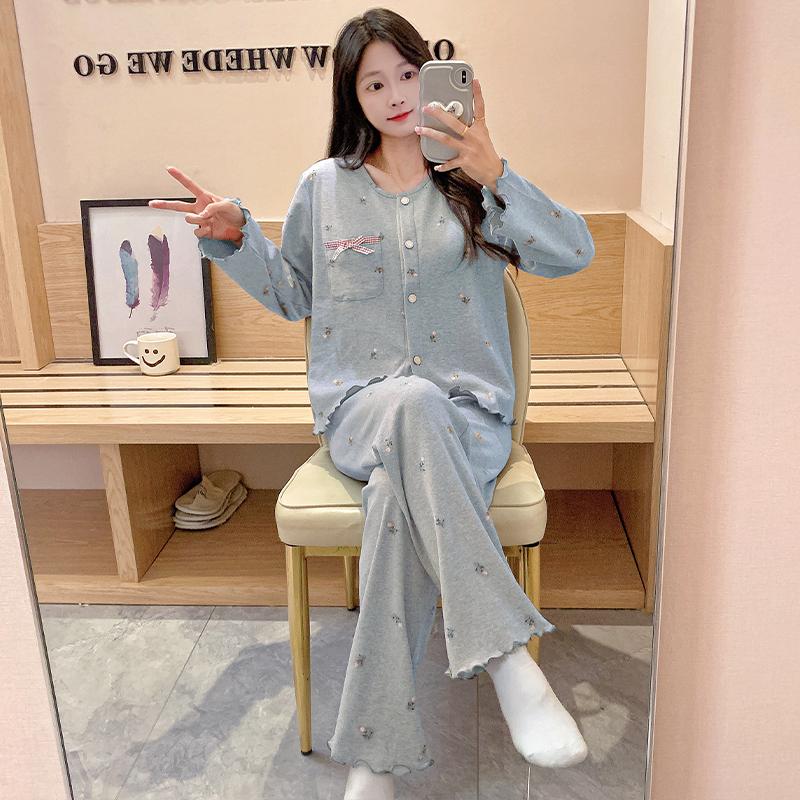 2025 весна хлопок кардиган пижама комплект для женщин цветочный длинный рукав брюки комплект женская пижама домашняя одежда милый серый молодая девушка пижама костюм