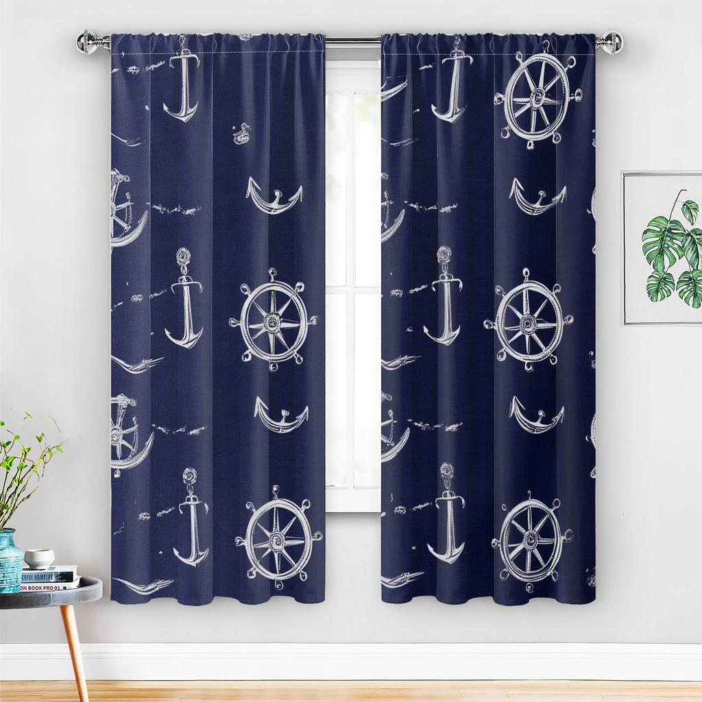 Navy Blue Nautical Curtains Drapes Coastal Marine Decor Anchor Ship Wheel Pattern Window Coverings Grommet Curtains for Beach