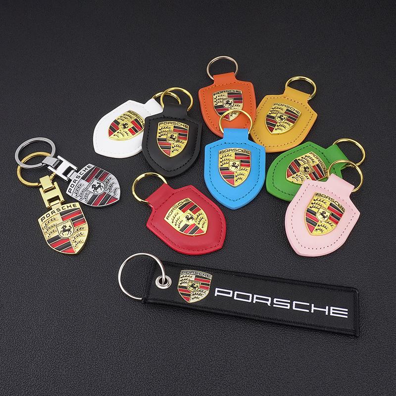 High Quality PU Leather Car Keychain Shield Alloy Keyring Pendant Gift For Porsche Cayenne Panamera Macan Boxster Cayman Sticker CY5