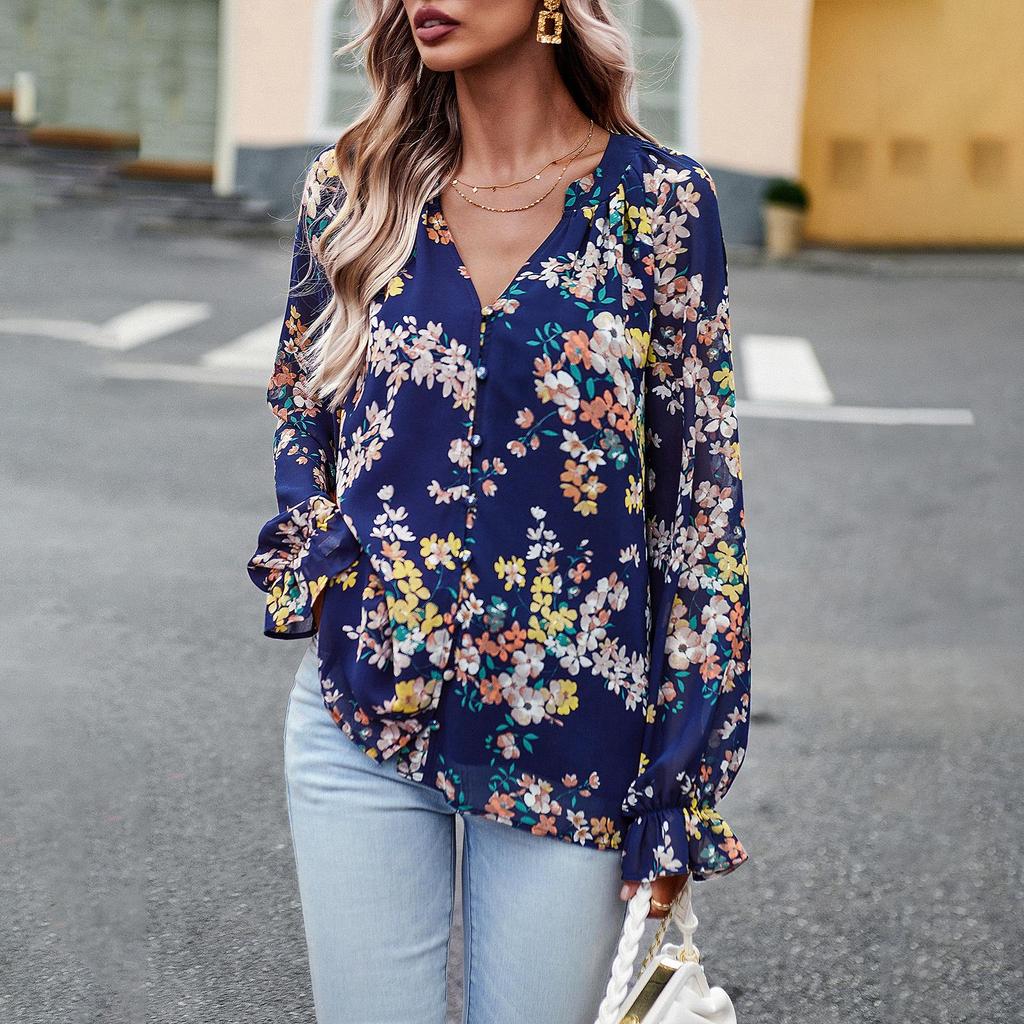 Women's Autumn V Neck Lantern Sleeve Button Elegant Fragmented Blouse Shirt Floral Tops