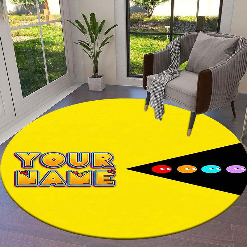Pac-Man Custom Name Round Area Rug,Carpet Rug for Living Room Bedroom Sofa Playroom Decor,Non-slip Floor Mat