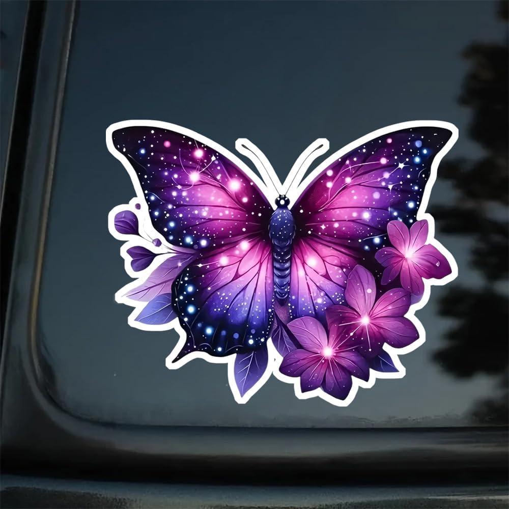 2pc Vibrant Purple Butterfly and Floral Decal, 5.12''x4.13'' Vinyl Self-Adhesive Sticker for Car, Truck, Motorcycle, Laptop - Animal Themed Design,