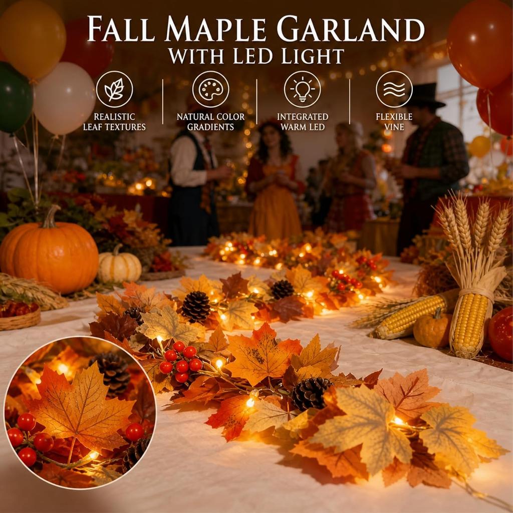 Fall Maple Garland with LED Lights: 5.9ft Artificial Autumn Leaves Hanging Vines for Seasonal Home Décor Thanksgiving Fireplace Mantel Party Decorati