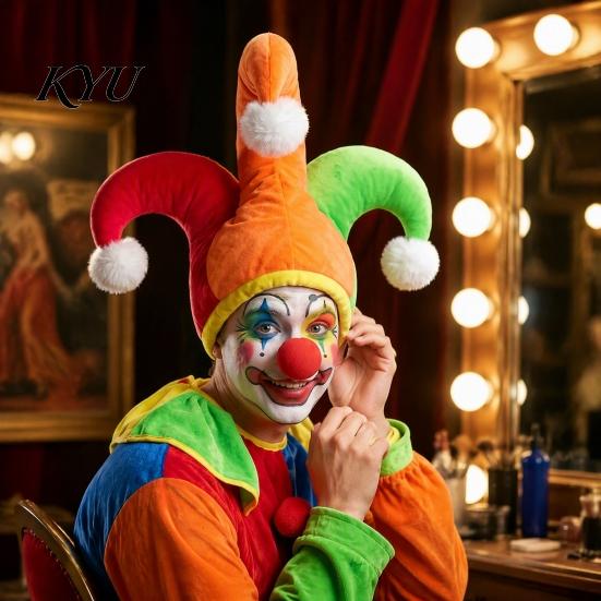 One Size Fits Most Clown Gear Flannel Hat with Red Nose for Halloween & Costume Party, Plush Versatile Novelty Event Gift Three Color Blocked Headwear