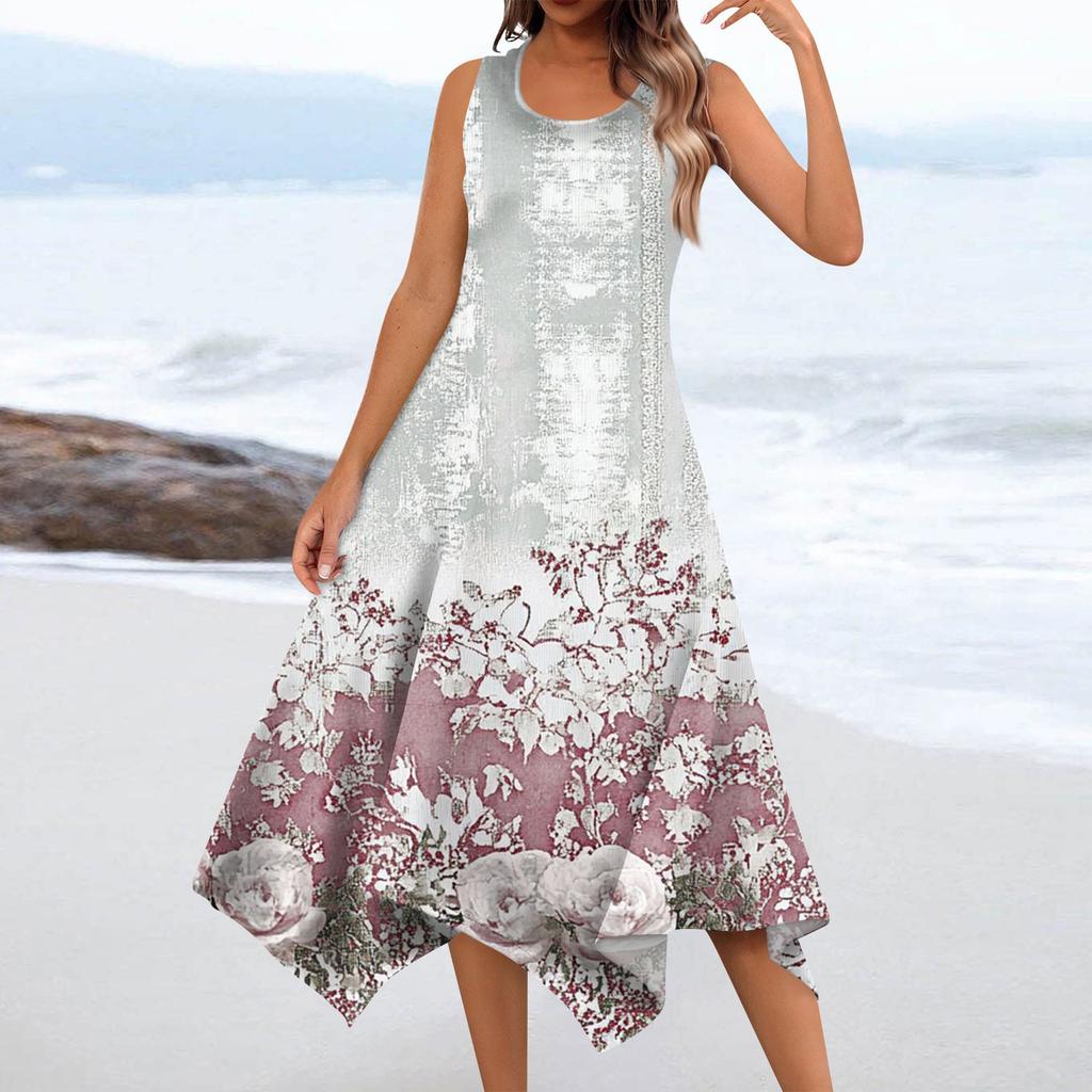 Женское повседневное модное платье миди без рукавов с круглым вырезом и цветочным принтом, нерегулярный подол