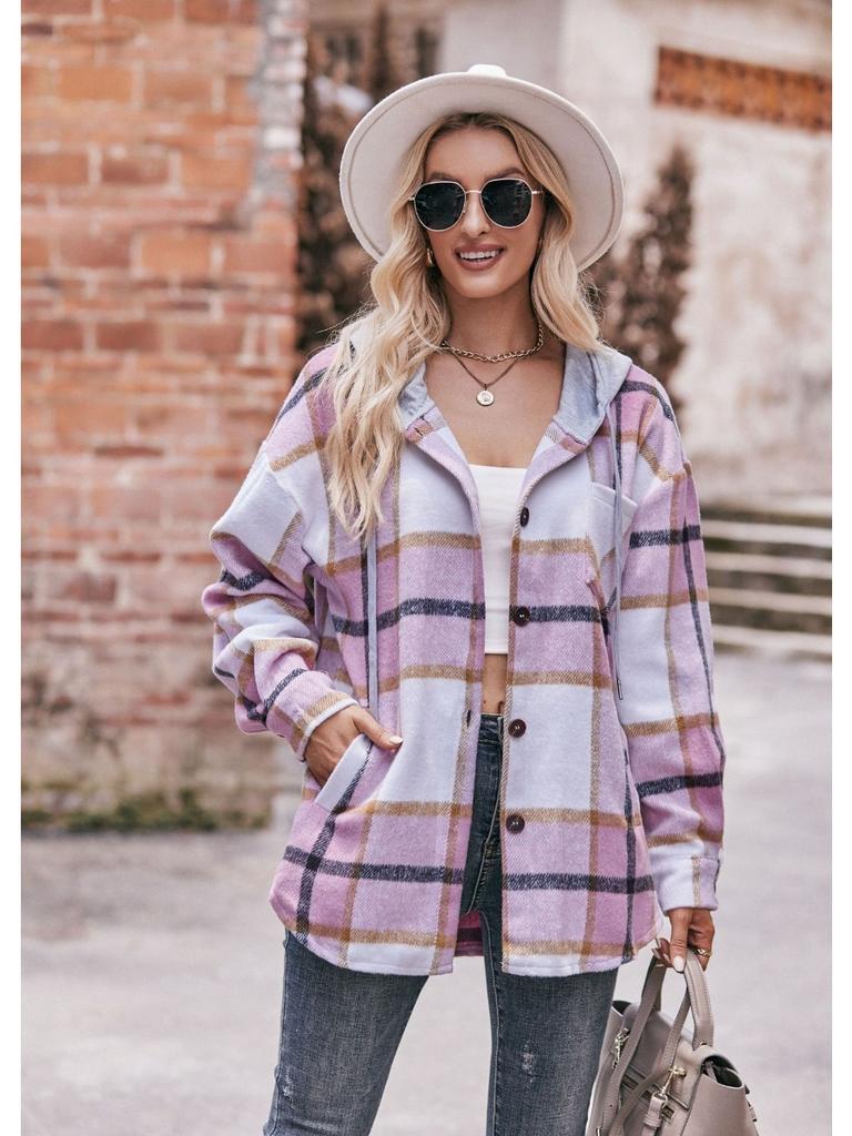 2024 New Autumn and Winter Fashion Simple Casual Hooded Plaid Shirt Loose and Comfortable Commuting Medium Length Women's Coat