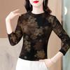 Middle-aged Mother Retro Printed Mesh Long-sleeved T-shirt for Women In Autumn Plush Inner Shirt Base Top