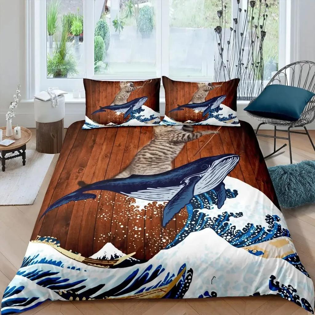 Funny Pirate Cat Duvet Cover Set Cat Riding Whale Japanese-Style Sea Wave Bedding Sets Stripe Lines Comforter Cover Full Queen