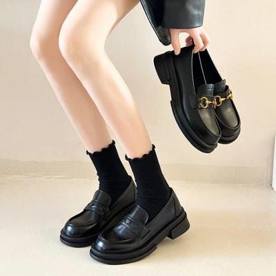 Женские мокасины 2024 Весна Металлические кнопки Черные женские туфли на платформе Модные JK Лолита Мягкая подошва Студенческие кожаные туфли для офиса