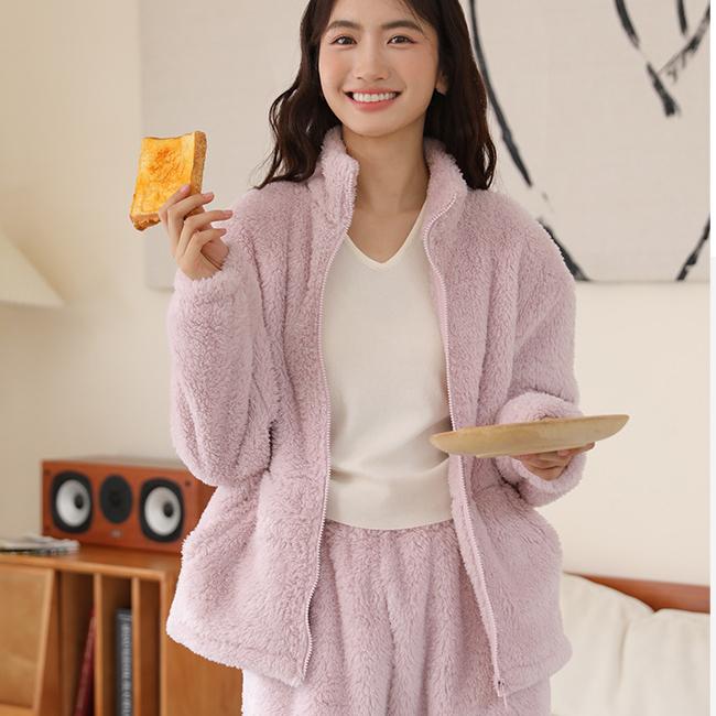 Зимняя домашняя одежда, женский кардиган на молнии, утолщенная куртка с высоким воротником, плюшевая бархатная пижама, двусторонний флисовый теплый костюм