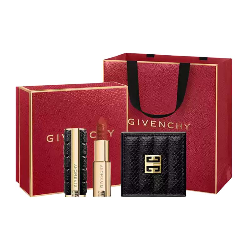 Givenchy Новогодний лимитированный красный подарочный набор косметики, Помада Le Rouge Interdit №331 3,4 г + Тональная основа-кушон №1-C105 12 г, Набор женской косметики 2 шт.