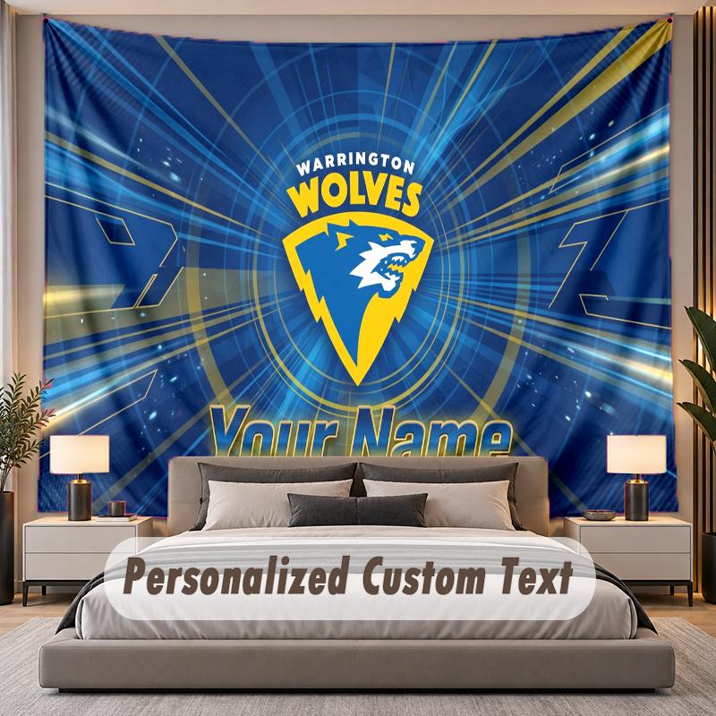Custom Name Text Tapestry Warrington Wolves Personalized Polyester Wall Tapestry For Bedroom And Room
