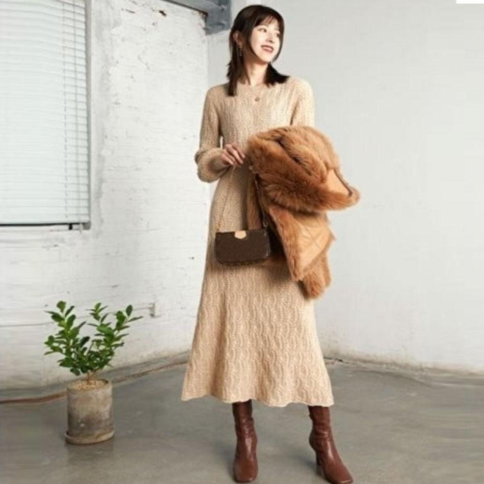 Осенне-зимнее жаккардовое трикотажное платье с рукавами-фонариками в стиле ретро, женское платье средней длины с талией и запахом, свитер трапециевидной формы, платье выше колена