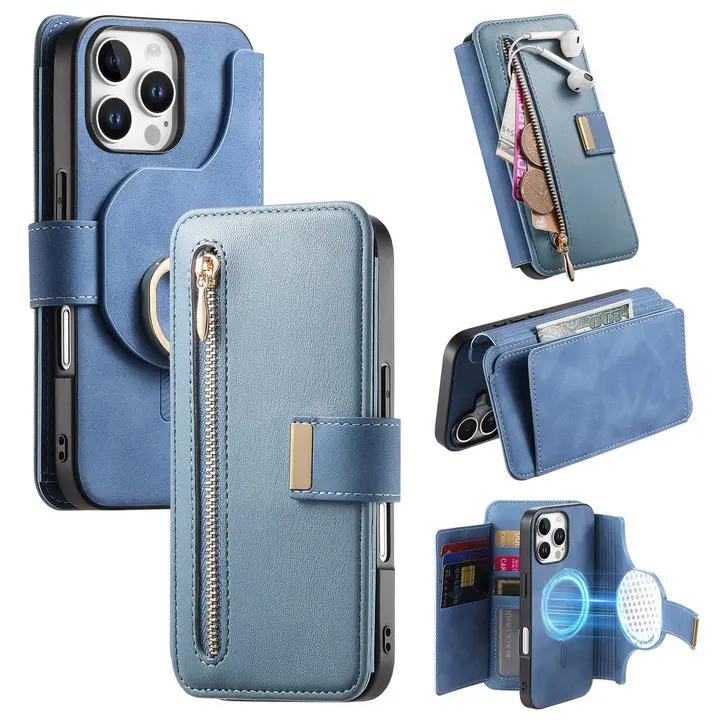 Phone Case For iPhone 17 17E 16E 16 15 14 13 12 11 Pro Max Xs Xr 7 8 Plus SE 2025 2In1 Detachable Leather Zipper Wallet Cover