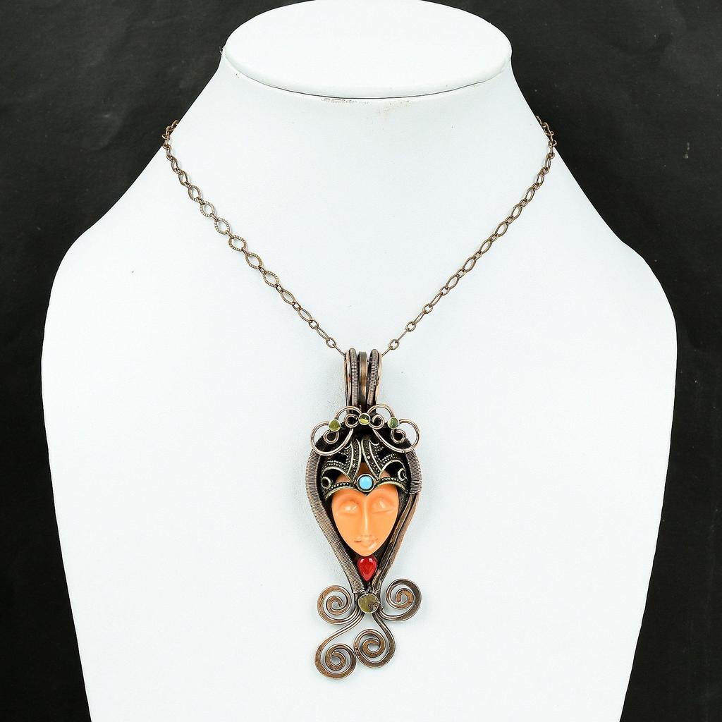 Оранжевый резной кулон с лицом из кости, кулон из медной проволоки, кулон с кораллом и бирюзой, драгоценный камень, медные украшения, украшения из проволоки ручной работы для подарка
