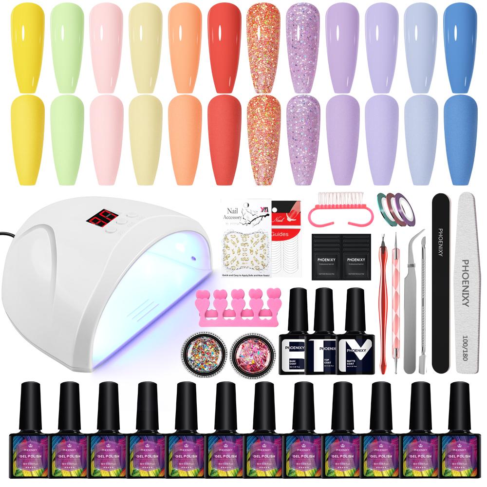 PHOENIXY 12 цветов Набор гелей для ногтей с УФ-светодиодной лампой для ногтей 36 Вт для набора лаков для ногтей Полупостоянный замачиваемый УФ-гель для дизайна ногтей DIY Kit Стартовый набор