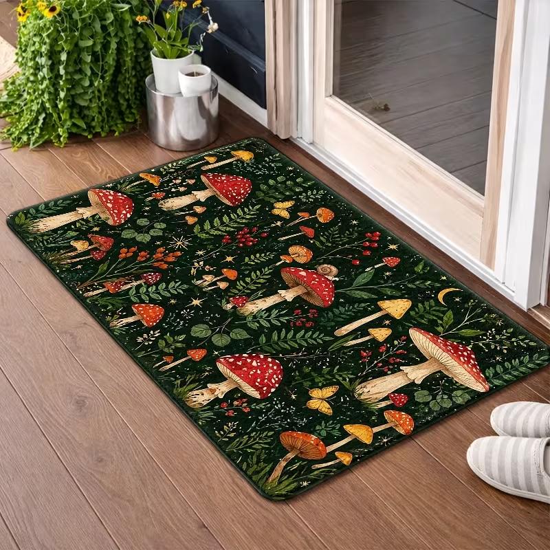 Watercolor Forest Mushroom Butterfly Door Mat Non Slip Indoor Entrance Rug Fairy Tale Wild Plant Insect Print Doormat