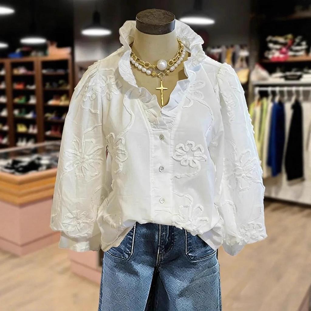 Европейско-американский повседневный женский топ для отдыха с V-образным вырезом, оборками, пышными рукавами и вышивкой