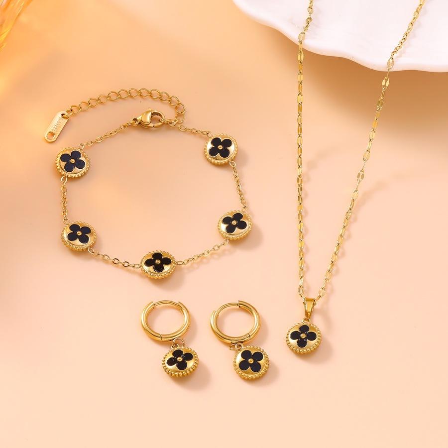 3 in 1 Titanium Steel Clover Double Sided Wear Ladies Bracelet Necklace Earrings Set