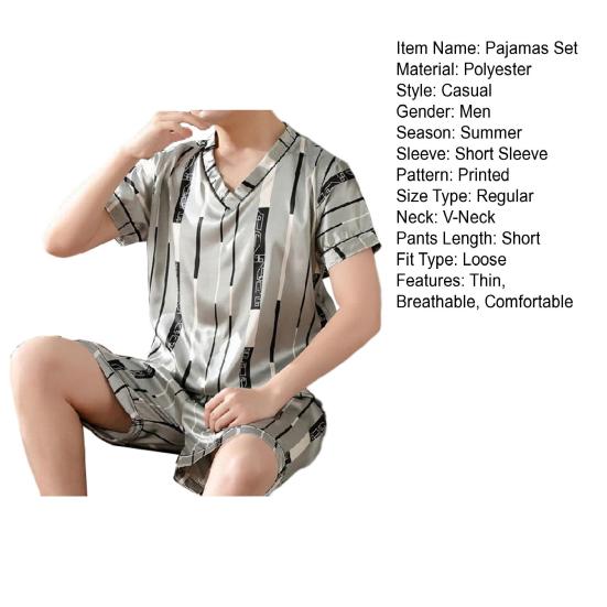 Night Clothes Simulated Ice Silk Casual-Wear Comfortable Tops Pants Men Pajamas Set Home Apparel