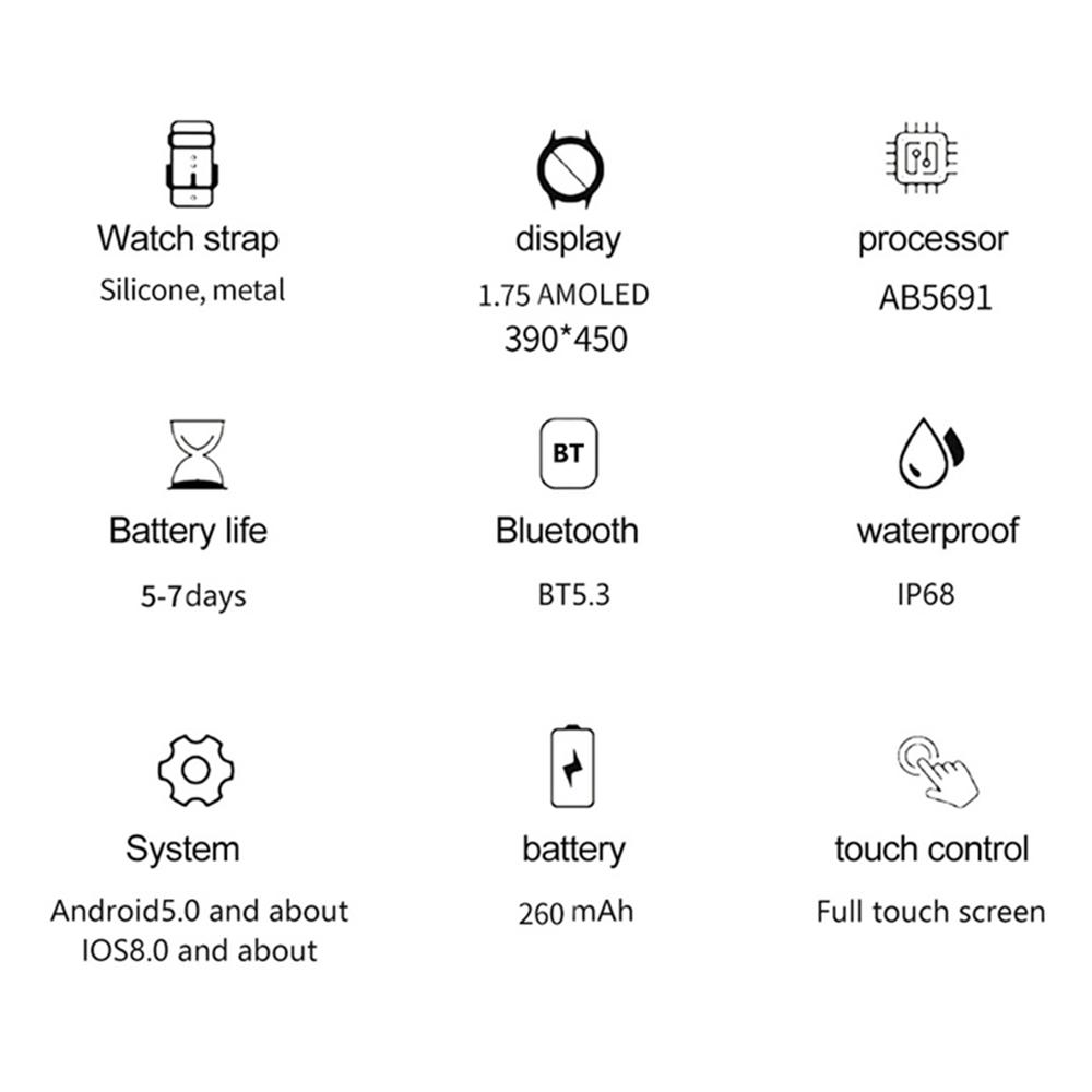 HK82 1,75-дюймовый AMOLED квадратный экран NFC умные часы монитор здоровья наручные часы, стальной ремешок