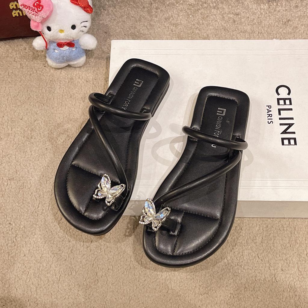 Летние новые босоножки 2025 года, туфли на низком каблуке, плоские туфли во французском стиле, пляжные босоножки со стразами на носке