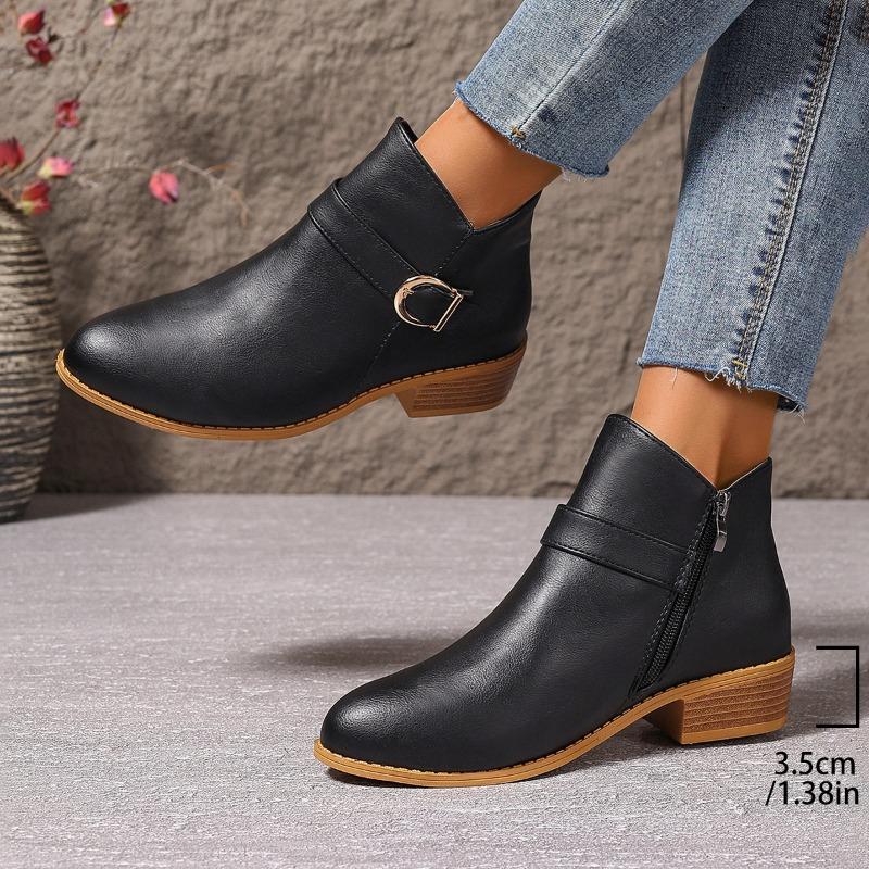 Women's Boots Martin Boots Autumn and Winter New Large Size Short Boots Pointed Middle Heel Belt Buckle Women's Boots