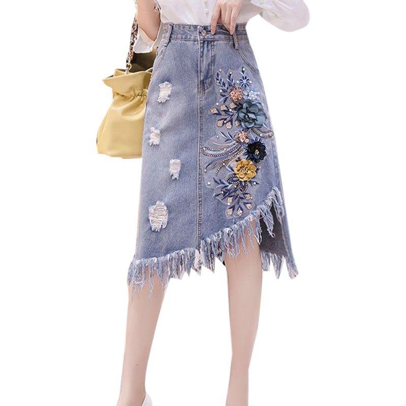3D Floral Embroidered Denim Skirt with Tassel and Irregular Hem for Women