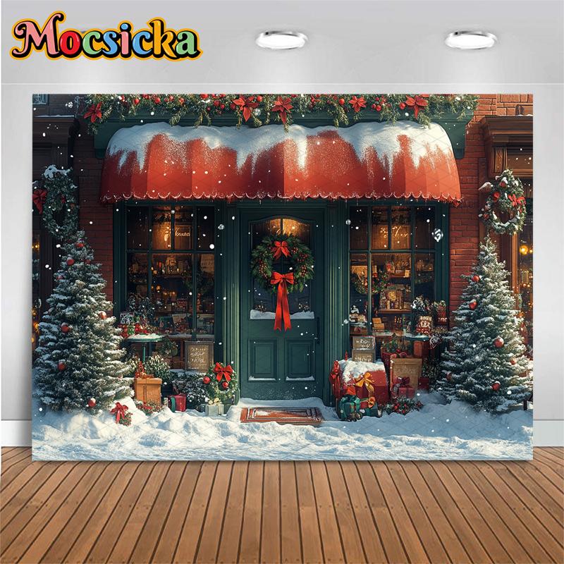 Mocsicka Рождественский Магазин Фон для Фотографии Снежинка Дом Дерево Дети Малыш Фото Задний План Магазин Подарков Украшения Баннер