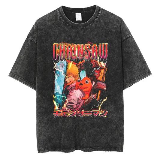 Japanese Anime Chainsaw Man Retro Washed T-shirt Men and Women Summer Harajuku Clothing Casual Round Neck Short Sleeved T-shirt