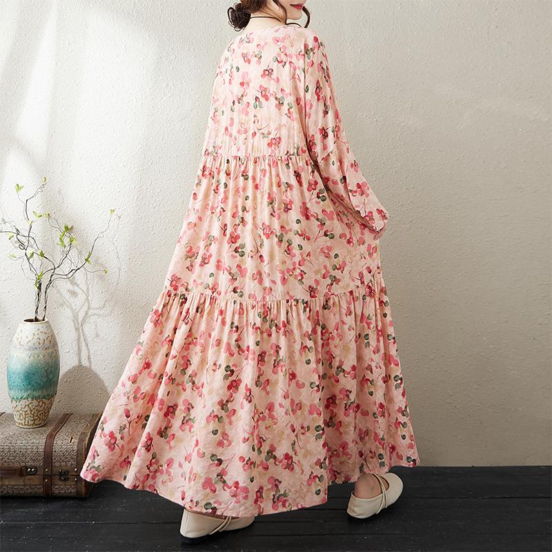 Круглый вырез с длинным рукавом Богемная одежда ретро осень хлопок льняные платья винтажное повседневное цветочное принтованное длинное платье для женщин
