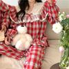 Loose Casual Couple Pajamas Sweet Lace Vintage Red Plaid  Thick  Nightwear Autumn Winter Princess Style Christmas Homewear
