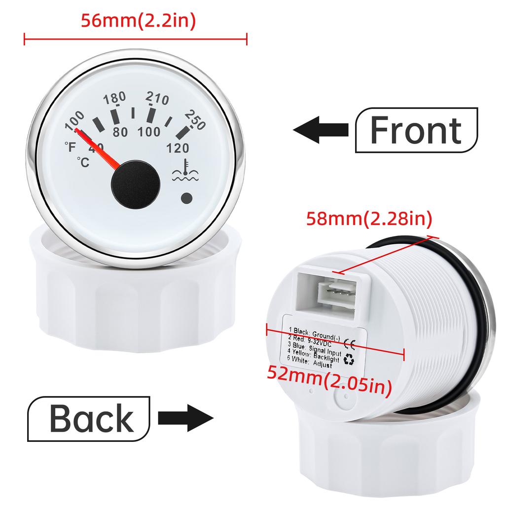 40-120℃,100-250℉ 52MM Water Temperature Gauge With Flashing Alarm Temp Sensor 10.2MM for Auto Car Boat Yacht 7 Color Light