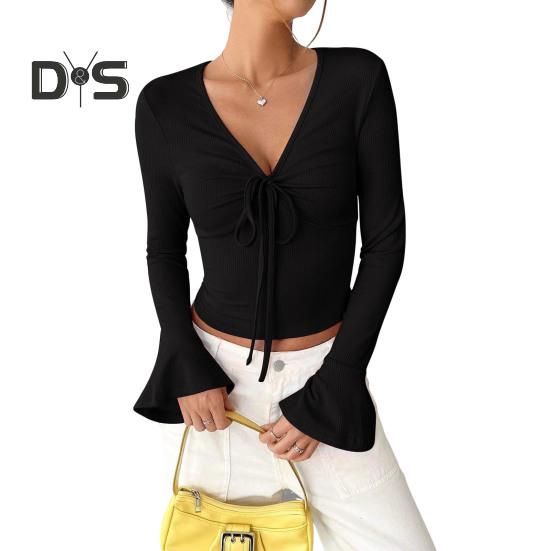 Женские топы с V-образным вырезом, расклешенные, с длинным рукавом, на шнуровке, пуловеры, облегающие, однотонные, повседневные топы, универсальная повседневная одежда