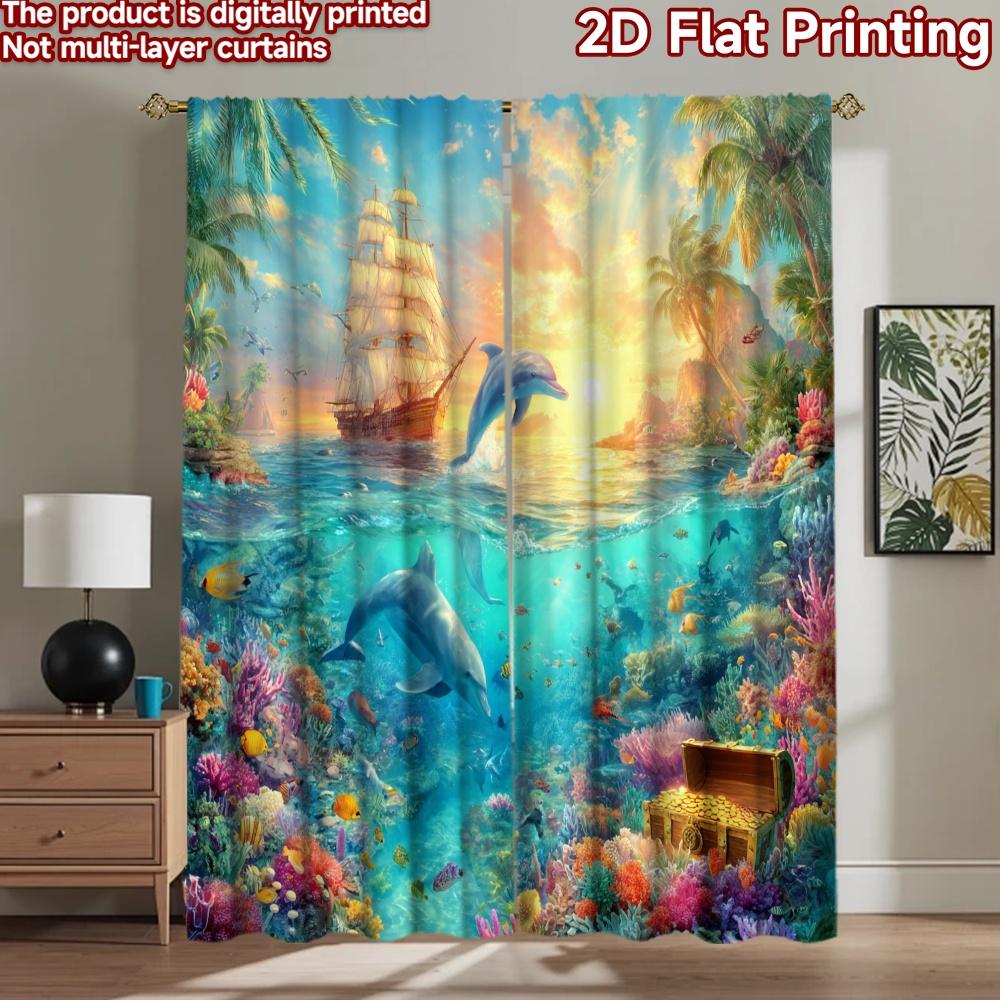 2D flat printing 2pcs Curtain Dolphins Jumping Ship Coral Digital Printed Polyester Drapes Party Decorations Use for Holiday