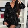 Lady Party Romper Shiny Sequin Deep V Neck Long Sleeves Loose Lace-up Slim Waist