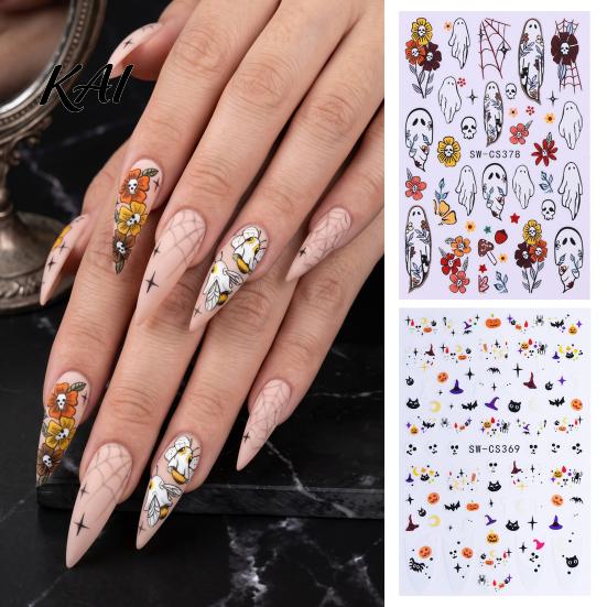 Festival Theme Manicure Stickers Halloween Nail Art Stickers, Ghost Flower Skull Spider Web Self-Adhesive Decals, DIY Supplies for Women Girls