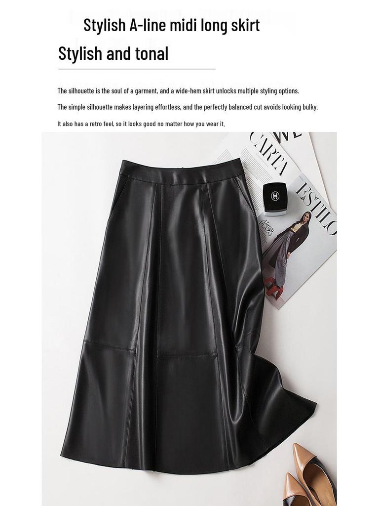 Women's Cross-Strap Leather A-line Skirt - Mid-length, High-waist, Slimming Umbrella Design, Fashionable Wide Hem, 2025 Autumn/Winter Collection.