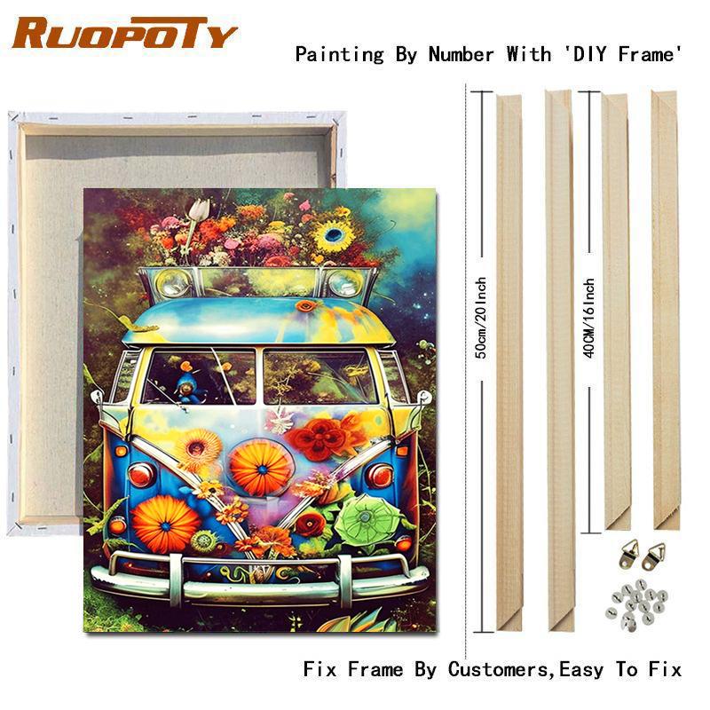 RUOPOTY Картина по номерам своими руками для взрослых, стартовые наборы, цветочный автобус, акриловая краска на холсте, картина по номерам, искусство с рамкой