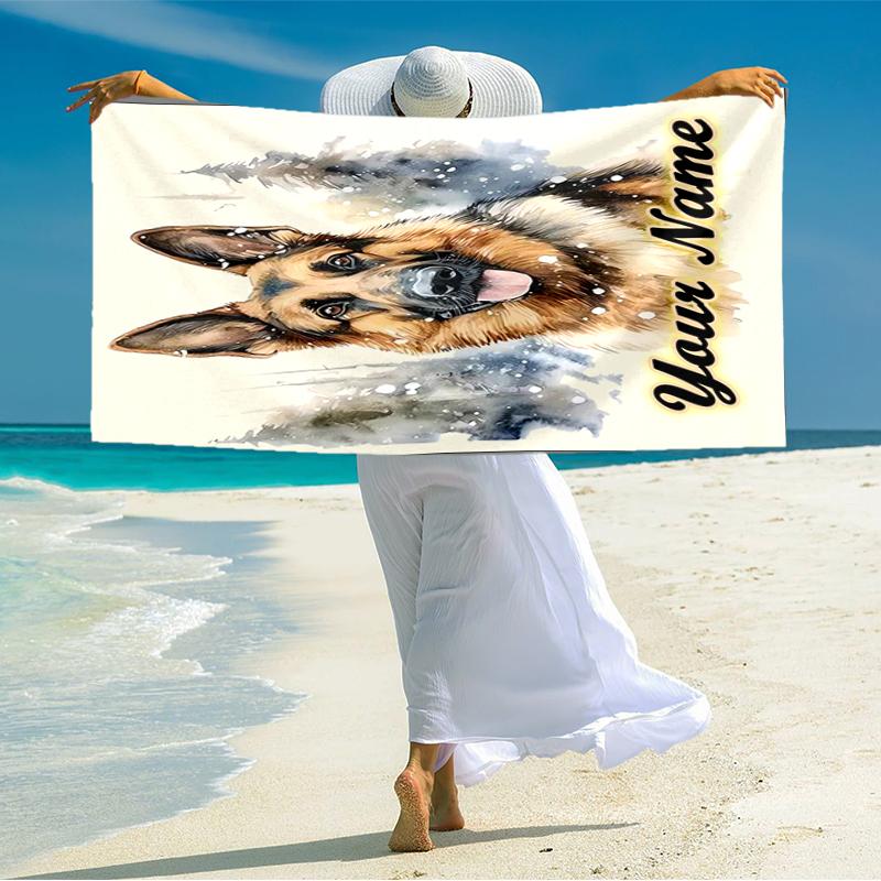 1PC Custom Name Winter German Shepherd Portrait Beach Towel Highly Absorbent And Sand-Resistant Towel for Swimming, Pool, Yoga, And Travel Lightweight