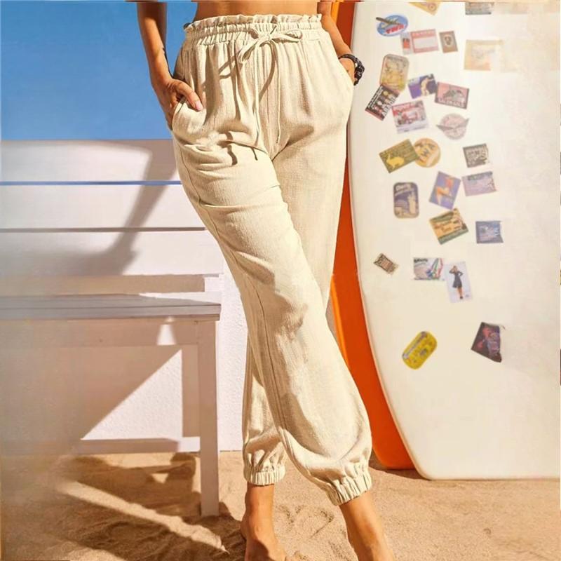 Весна и лето Новые повседневные брюки на шнуровке Однотонные свободные брюки Брюки из хлопка и льна Женские брюки