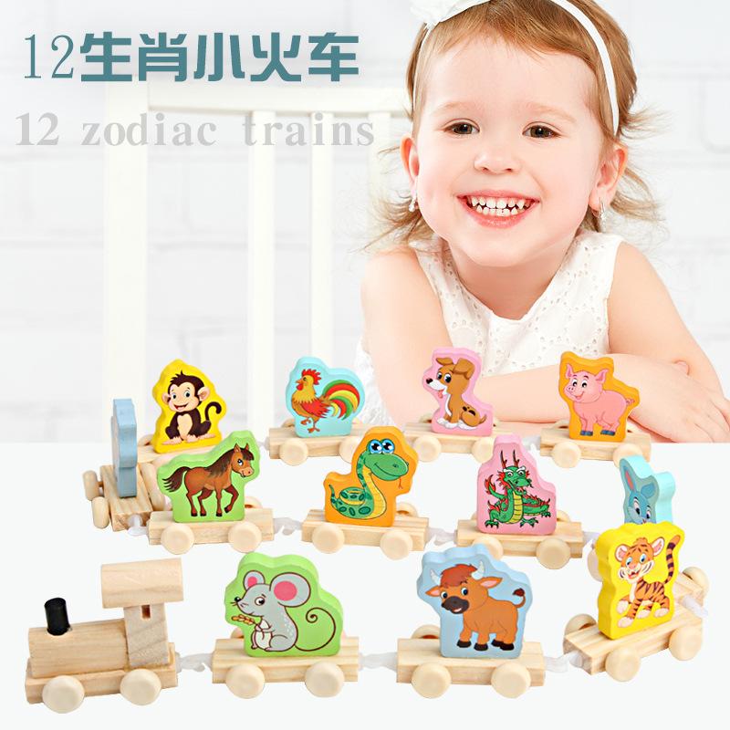 Детский деревянный поезд с цифрами и знаками китайского зодиака