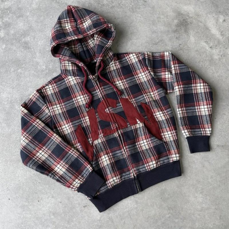 Y2K Streetwear Hooded Sweatshirt With Embroidered Letters Plaid Patch Appliqu - Loose Fit Womens Casual Top