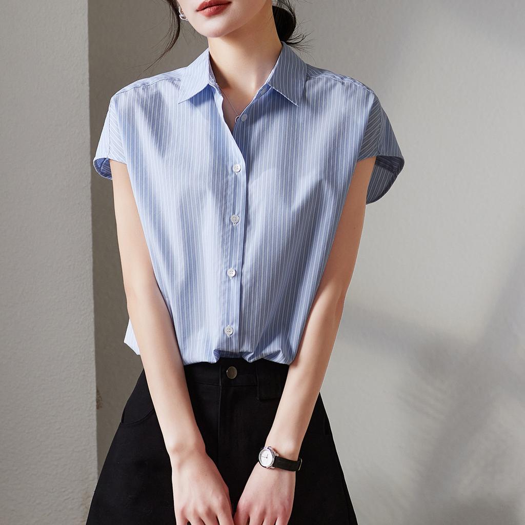 Minimalist Commuting Striped Short-Sleeved Shirt for Women