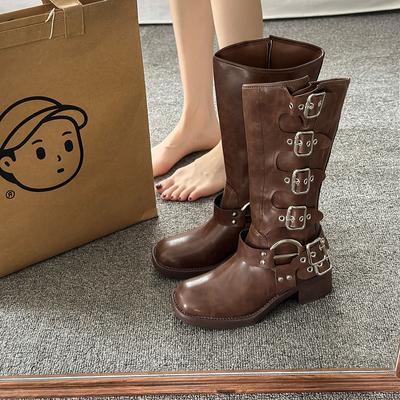 Коричневые женские ботфорты 2025 новая осенне-зимняя кожаная обувь в стиле вестерн, ковбойские сапоги, высокие сапоги-рыцари